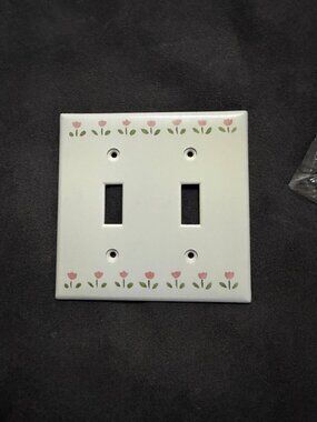Vintage Plastic Double Light Switch Cover With Pink Floral Design & Mounting Scr